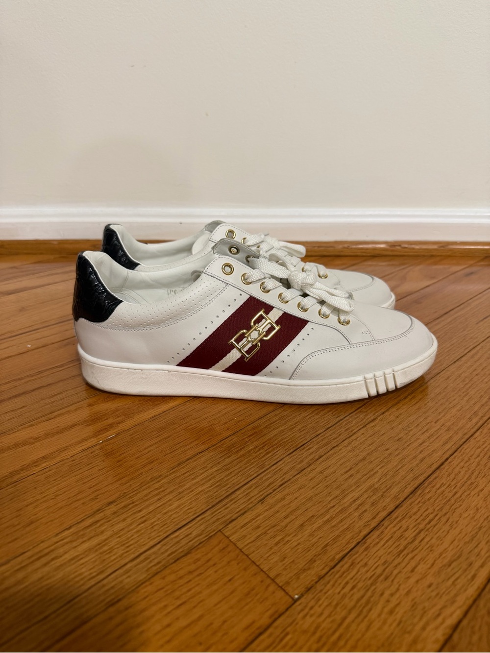 Bally White Leather Sneakers with Burgundy Stripe and Black Heel